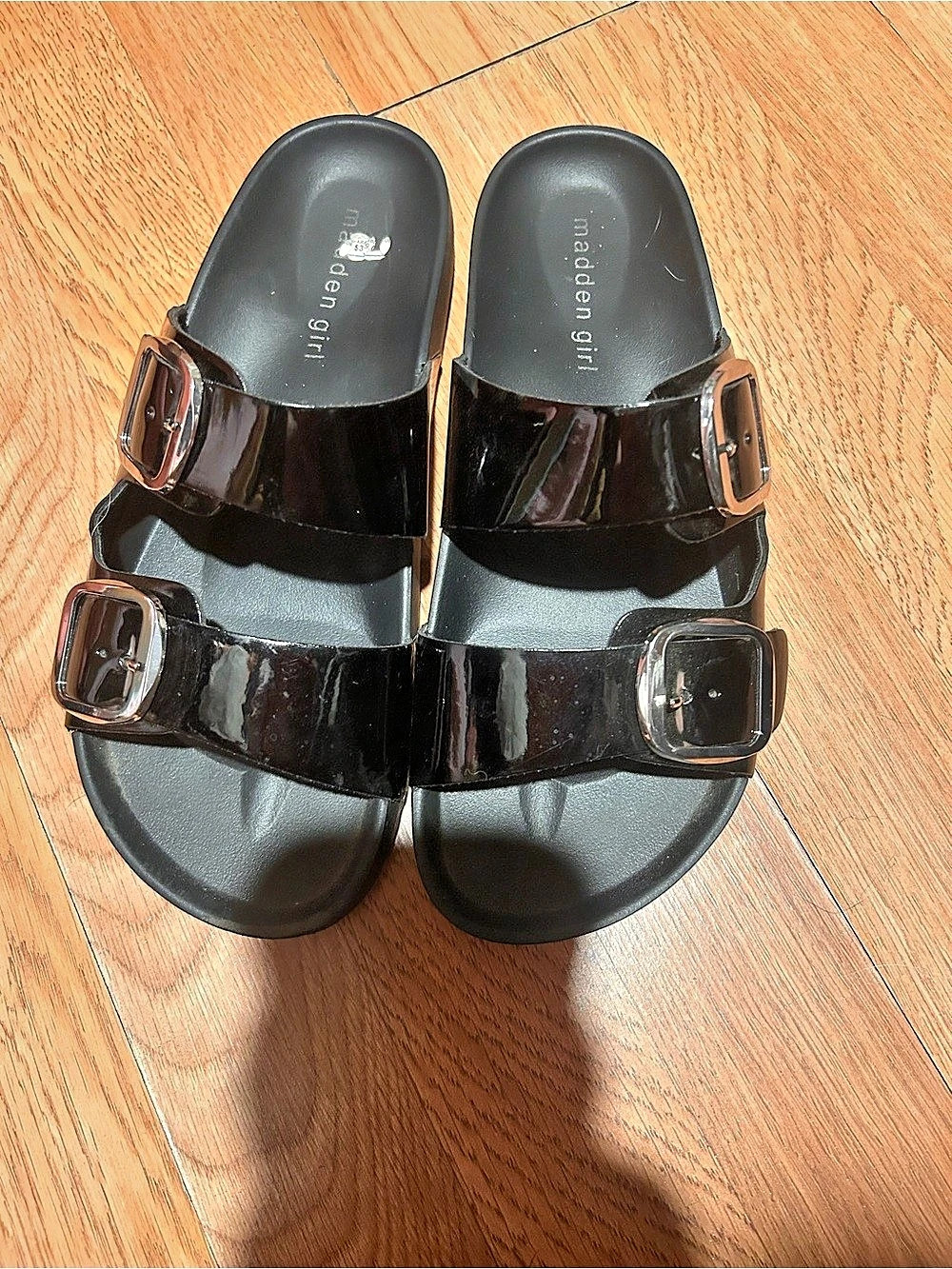 madden girl Bodie Footbed Sandal Black Double-Buckle Slides